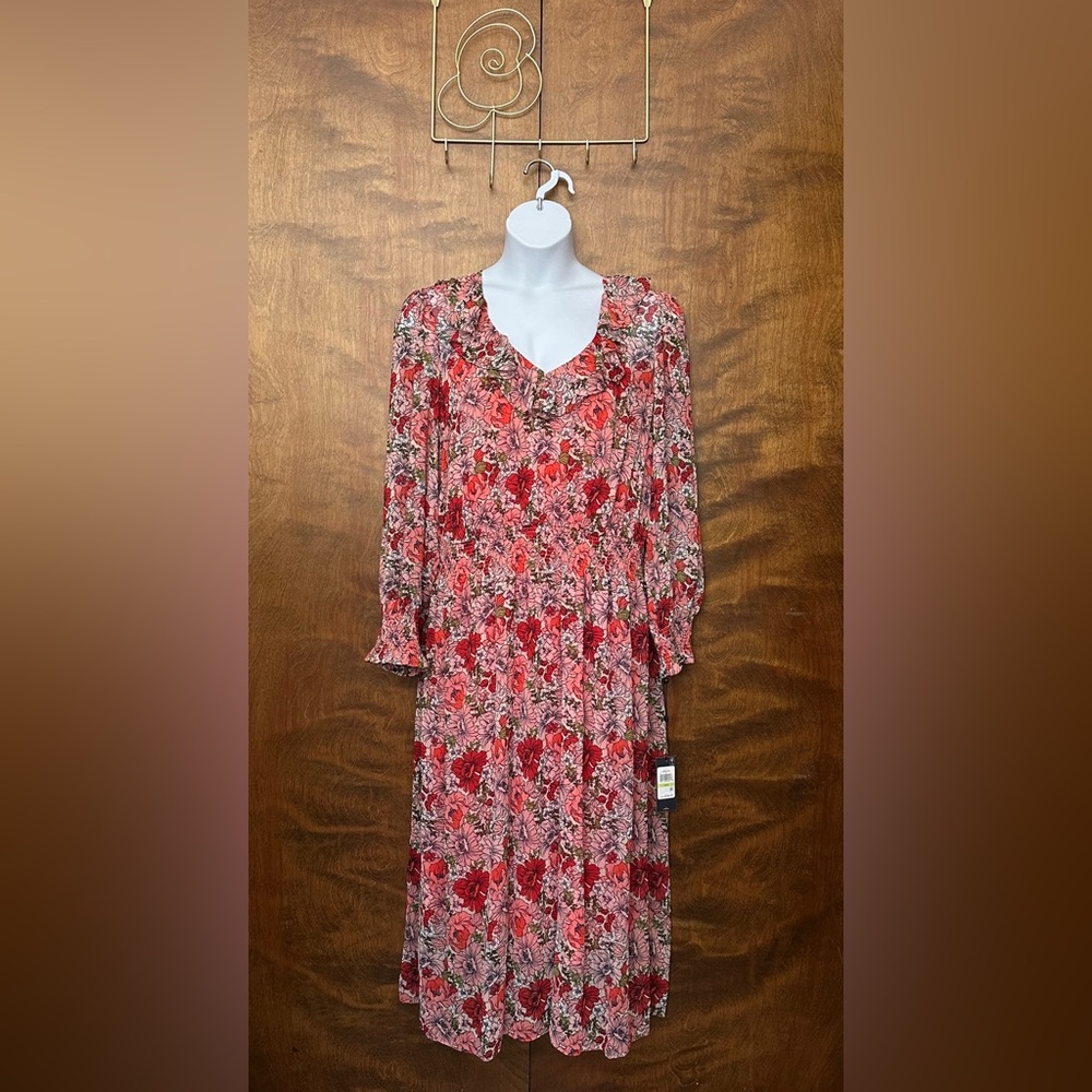 Tommy Hilfiger Long Sleeve Smocked Midi Dress Womens Plus 18W Red Floral Chiffon